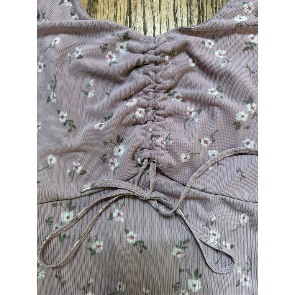Hollister Floral Summer Mini Dress XS Lavender Tie Front Ruched Semi Sheer Boho - Picture 3 of 13